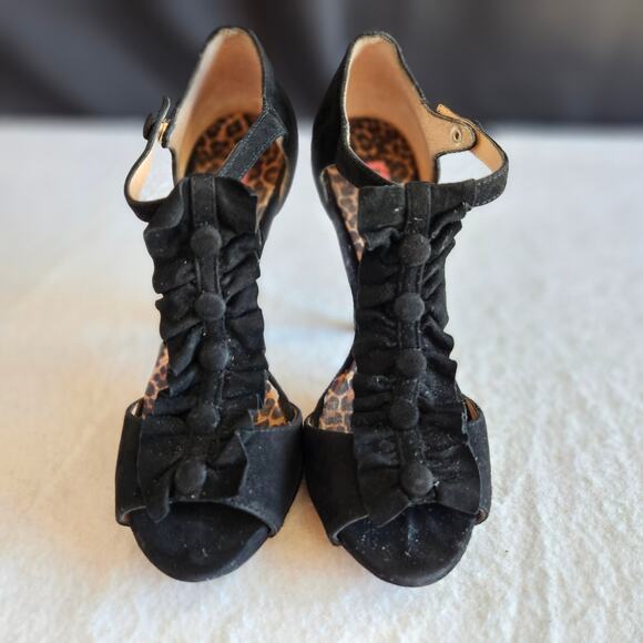 Betsey Johnson Black Suede Stiletto Heels Size 7.5M Ruffle Straps Peep Toe - Picture 2 of 12